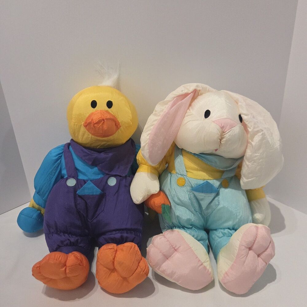 Lot Of 2 Vintage Nylon Stuffed Animals Rabbit Duck Easter Plush 16"
